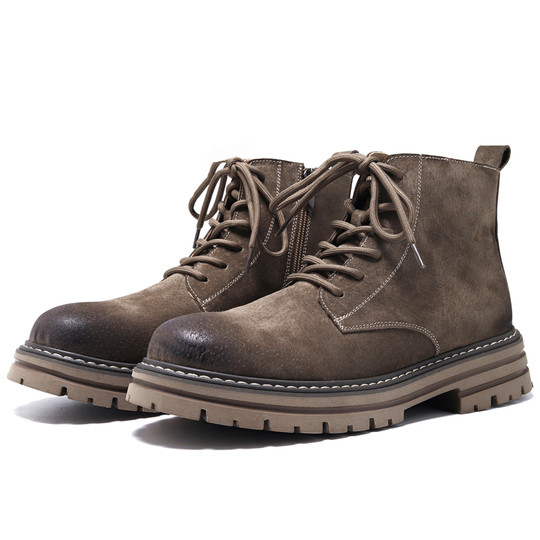 Martin Boots for Men, Winter Fleece-Lined High-Top Shoes, Genuine Leather Casual Retro Short Boots, Mid-Top British Style Thick-Soled Work Boots