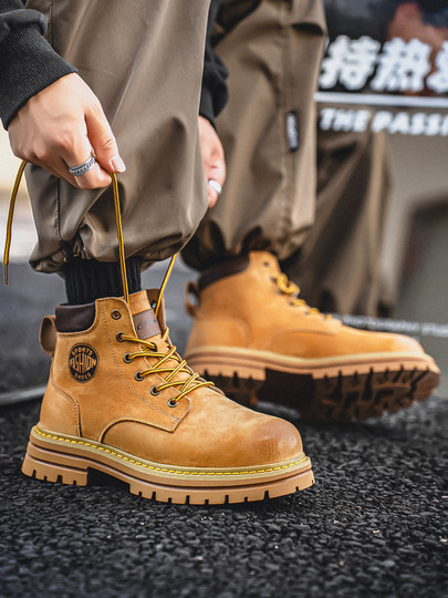 Martin Boots for Men, Winter Genuine Leather High-Top Shoes, British Style Thick-Soled Couple's Yellow Boots, Fleece-Lined Casual Mid-Top Work Boots