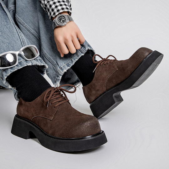 Derby Shoes Men's Summer Breathable Thick-Soled Heightening Genuine Leather Work Shoes Versatile Casual Low-Top Retro Big-Toe Leather Shoes