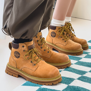 Martin Boots for Men, Winter Genuine Leather High-Top Shoes, British Style Height-Increasing Couple Boots, Yellow Boots with Fleece Lining, Outdoor Mid-Top Work Boots