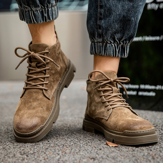 Martin Boots for Men, Winter High-Top Shoes with Fleece Lining, British Style, Genuine Leather, Trendy Mid-Top Retro Korean Style Versatile Work Boots