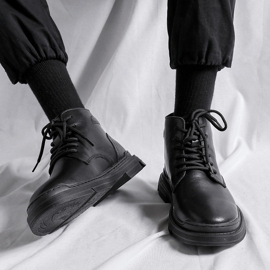 Martin Boots for Men, Autumn Mid-Top British Style, New Genuine Leather Breathable High-Top Shoes, Retro Korean Style Trendy Work Boots