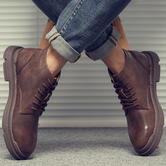 Martin Boots for Men, Winter Fleece-Lined High-Top Shoes, Trendy Genuine Leather Versatile Korean Style Mid-Top Retro British Style Work Boots