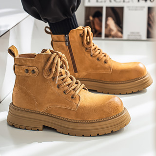Martin Boots for Men, Winter Genuine Leather High-Top Shoes, British Style Thick-Soled Couple's Yellow Boots, Fleece-Lined Outdoor Mid-Top Work Boots