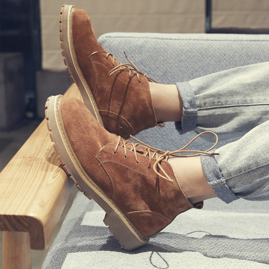 Martin Boots for Men, Winter Fleece-Lined High-Top Shoes, Retro Trendy Genuine Leather Versatile Short Boots, Mid-Top British Style Work Boots