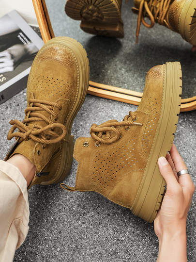 Martin Boots for Men 2025 New Summer Hollow Breathable Couple High-Top Shoes Genuine Leather Mid-Top Thick-Soled Work Boots