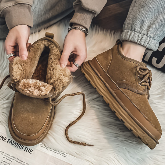 Men's Snow Boots, Northeast Cold-Resistant, Non-Slip Loafers, Thick-Soled Genuine Leather Cotton Boots, Winter Fleece-Lined, Thickened, Warm Large Cotton Shoes