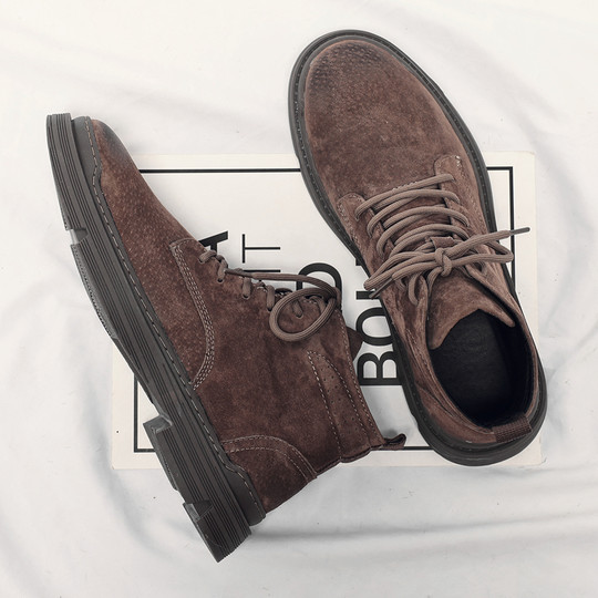 Martin Boots for Men, Winter High-Top Shoes, Trendy British Style Short Boots, Versatile Fleece-Lined Korean Style Genuine Leather Snow Work Boots