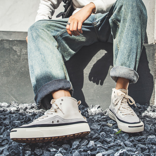 Canvas Shoes for Men, Summer High-Top Trendy Versatile Casual Shoes, Mid-Top Breathable New Korean Style Low-Top White Sneakers