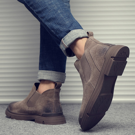 Chelsea boots men's winter breathable mid-top genuine leather short boots British style high-top workwear trendy versatile Martin boots