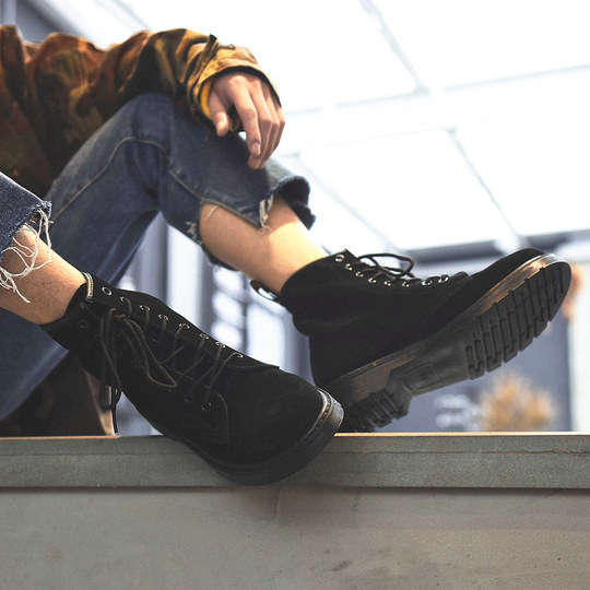 Martin Boots for Men, Black High-Top Shoes, Trendy British Style, Versatile Genuine Leather, Korean Style, Summer Breathable Mid-Top Work Boots