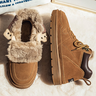 Men's Wool Snow Boots, Cold-Resistant, Warm, Outdoor, Non-Slip, Genuine Leather, Trendy, Winter, Fleece-Lined, Thickened, High-Top, Large Cotton Shoes for Northeast