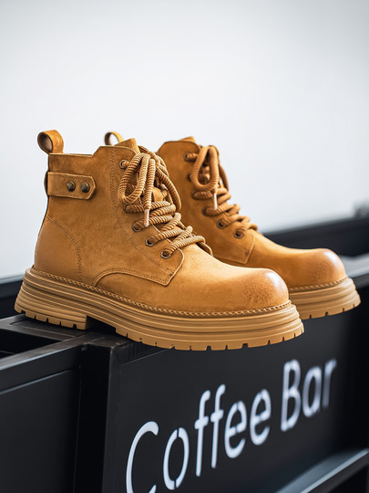 Martin Boots for Men, New Winter Style, Genuine Leather High-Top Shoes, British Style, Thick-Soled, Couple's Yellow Boots, Fleece-Lined Mid-Top Work Boots