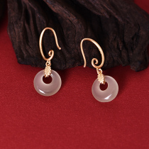 Ping button earrings female sterling silver ancient gilded jewelry inlay Hetian Jade fashion high sense s925 sterling silver earrings