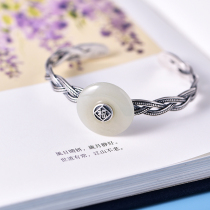Silver bracelet female sterling silver Original Design National Style fashion silver jewelry retro inlay Hetian Jade peace blessing word silver bracelet
