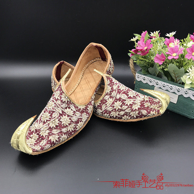 Pakistani pure leather pure hand exquisite seductive shoes heavy industry embroidery luxury men's handmade shoes wine red seductive
