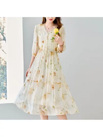 Vestido de seda para mujeres 2025 Primavera y verano Nuevo estilo de Noble Lady V-Chille Mulberry Silk Pantalamán de la cintura que abraza la cintura Seda de seda