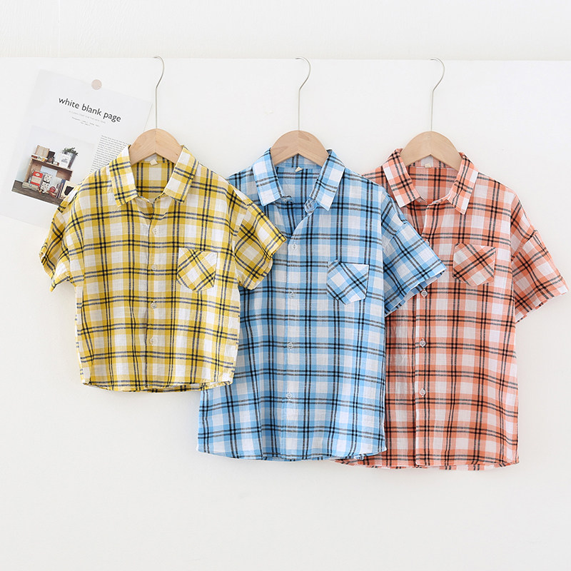 2021 boys' short-sleeved plaid cotton shirt summer new casual wild children's clothing in the big children's shirt trend