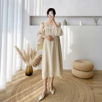 2022 springtime Han version Loose Fairy Pregnancy Woman dress with lantern sleeves cotton numb agaric side Dress Damp dresses Long dress