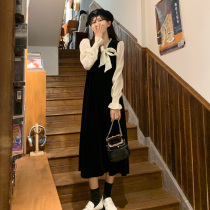 2022 spring velvet pregnant woman with dress shirt woman pearl V collar petal sleeve butterfly knot lace snowspun cuff long skirt