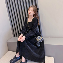 2021 autumn and winter new retro long sleeve large size pregnant dress female temperament slim corduroy French long skirt