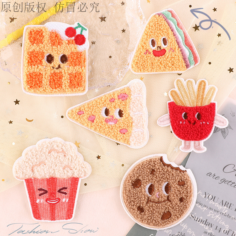 Towel Embroidery Snack-Themed Items: French Fries, Cookies, Cakes, Pizza, Sweaters, Hats, Scarves, Self-Adhesive Embroidery Decorative Fabric Labels Towel Embroidery Snack-Themed Items: French Fries, Cookies, Cakes, Pizza, Sweaters, Hats, Scarves, Self-Adhesive Embroidery Decorative Fabric Labels