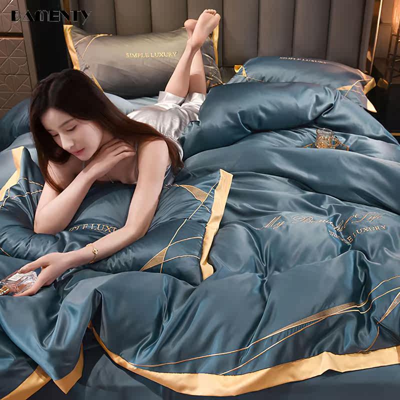 Summer Light Luxury Ice Silk Four-piece Set Net Red Naked Sleeping Silk Slippery Bedding Simple Embroidered Quilt Cover Sheet Fitted Sheet 3