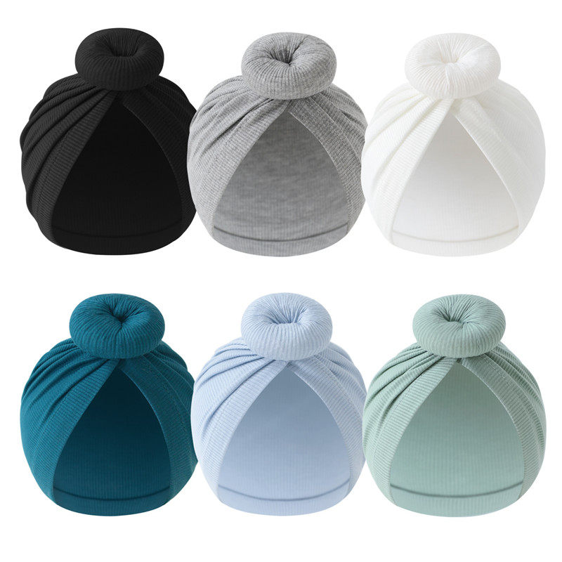 ベビーリブ編みインディアンハット、新生児用お団子ヘアハット、かわいいドーナツ型ベビーハット