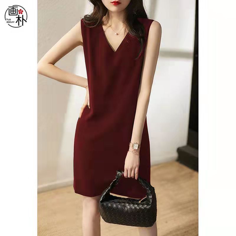 Light Mature Style Retro Burgundy Dress Women's Clothing 2025 Summer New Sleeveless V-Neck Elegant Chiffon Dress Trendy
