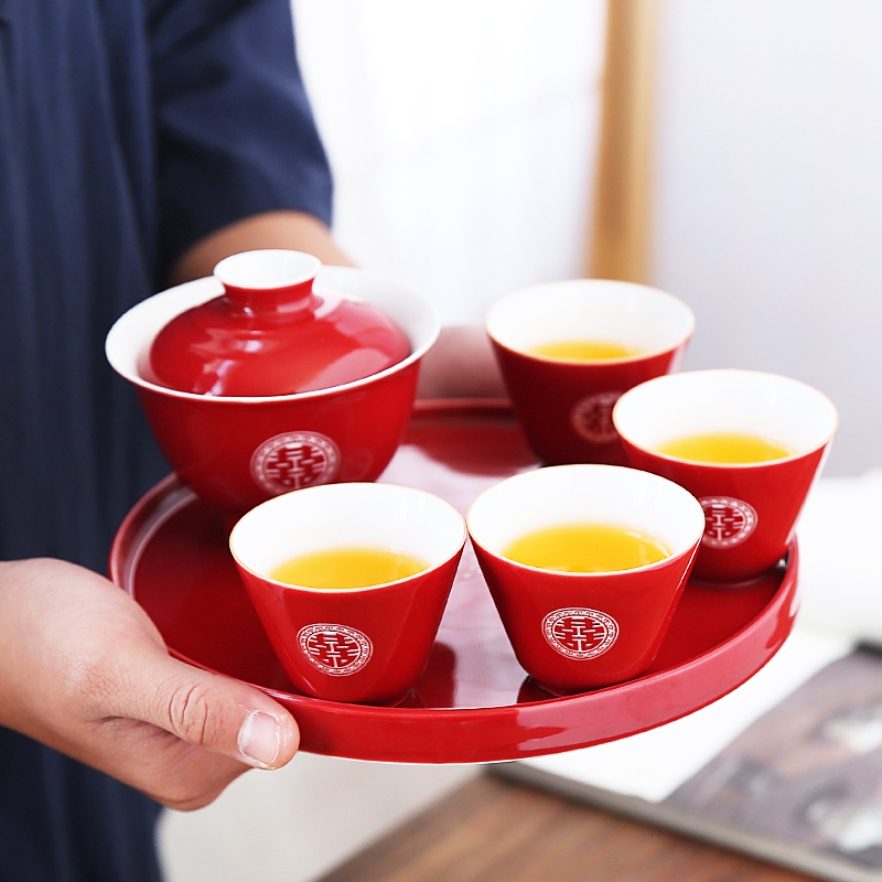 Wedding ceramic kung fu tea tea I housewarming gift set creative carved red cup gift boxes Z