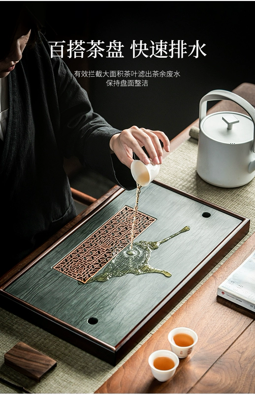 Hạt gỗ màu xanh lá cây khay trà hình chữ nhật hộ gia đình toàn bộ mảnh vàng đen bàn trà đá loại thoát nước đơn giản bộ trà khay khô bàn trà khay trà bằng đá