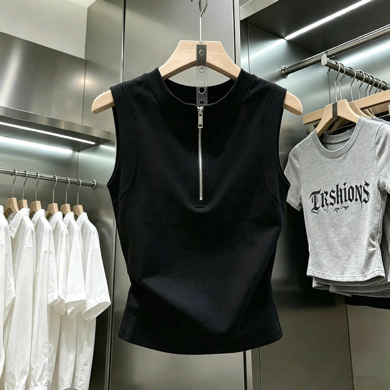 Thirteen Rows Big Brand Women's Clothing American Retro Half-Zip Sleeveless Vest Black Slim Fit Versatile Casual Camisole Top Thirteen Rows Big Brand Women's Clothing American Retro Half-Zip Sleeveless Vest Black Slim Fit Versatile Casual Camisole Top