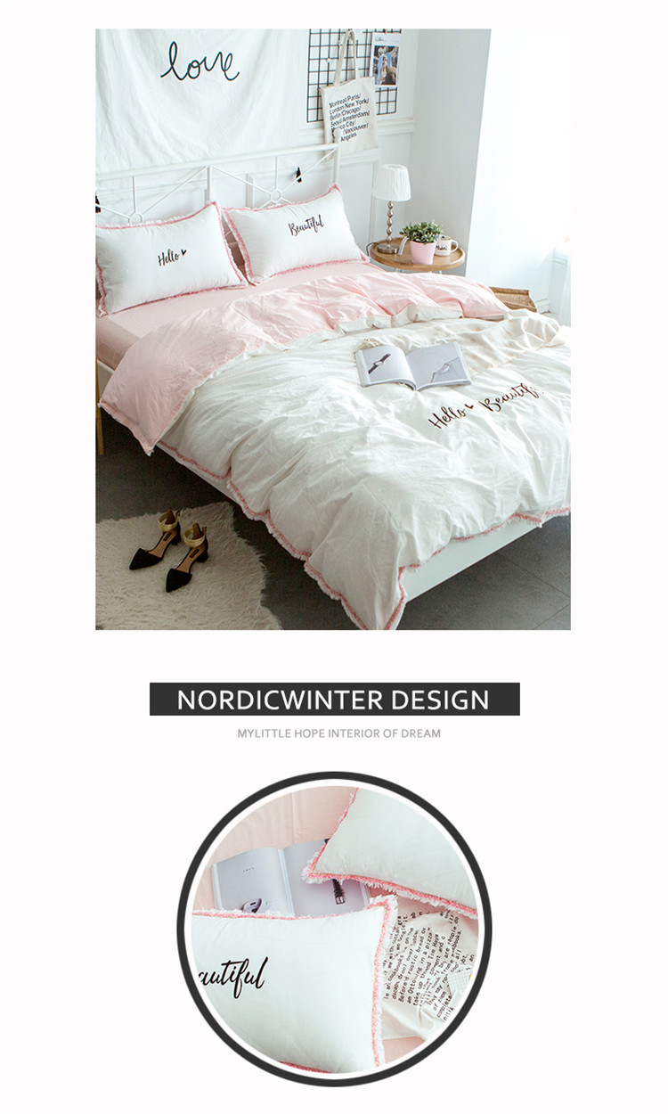 ins ròng trái tim màu đỏ cô gái bông rửa denim bông giường ký túc xá 4 ba mảnh khăn trải giường bông chăn - Bộ đồ giường bốn mảnh chăn ga gối đệm cưới