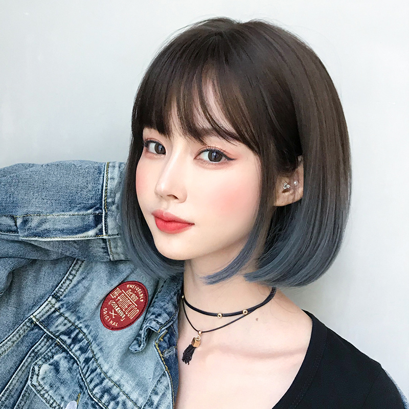 Short Bob Wig for Women, Student Style, Round Face, Gradient Haze Blue, Full Head Wig, Internet Celebrity Style, Natural Short Hair, Inward Curls, Bob Haircut