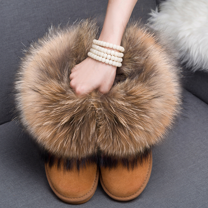 Fur-Lined Fox Fur Snow Boots for Women, Genuine Leather Low-Cut Short Boots, Cowhide Snow Boots with Raccoon Fur Inner Height-Increasing Short Boots