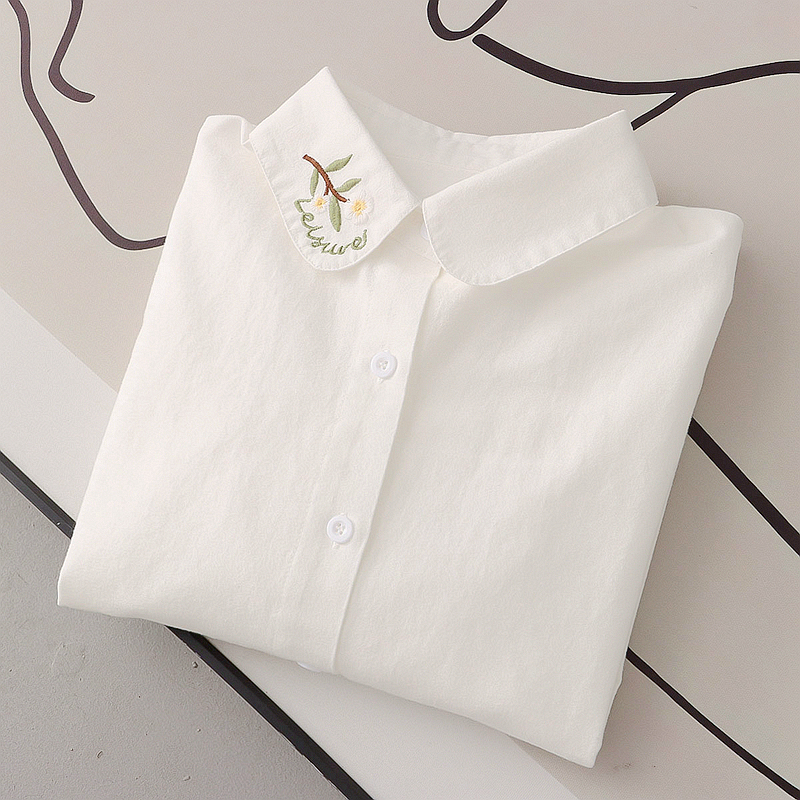 Artistic and Fresh Embroidered Floral Letter Loose Brushed White Shirt for Women, Long-Sleeved, Regular Shoulder, Base Shirt, Student, Plus Size