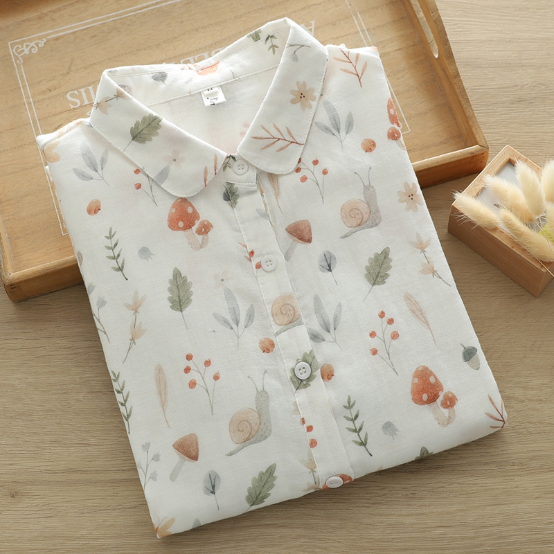 Fairy Tale World, Artistic, Fresh, Cartoon Snail and Mushroom, Double-Layer Cotton Gauze, Regular Shoulder, Floral Shirt, Women's Long-Sleeved, Plus Size