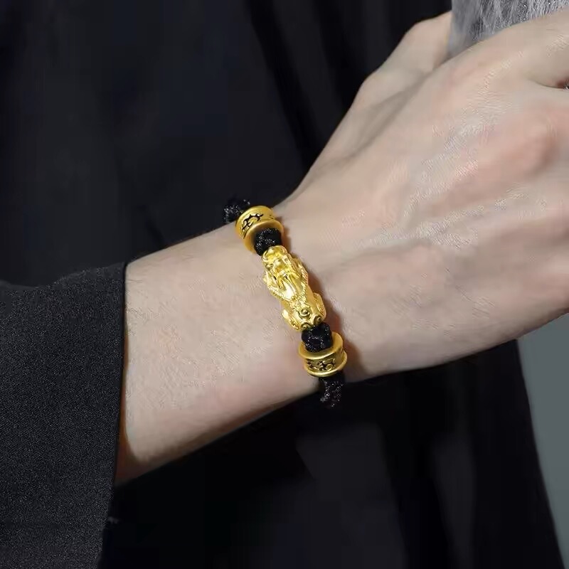Pixiu Gold Bracelet 999 Pure Gold Fortune Beads Tattooed Men's 3D Hard Gold Bracelet Leather Cord Couple Gift for Boyfriend
