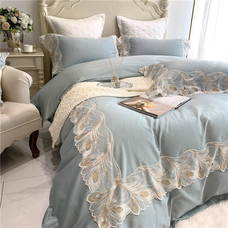 Designer high-end 80-count long-staple cotton four-piece custom lace satin pure cotton light blue home textile