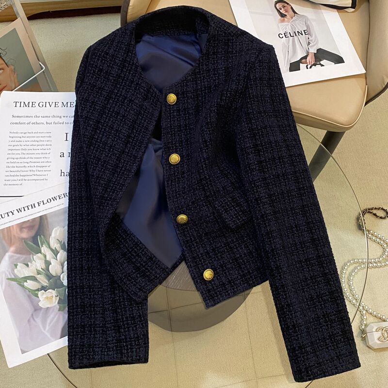 This Year's Popular Navy Blue Tweed-Style Blazer for Women, 2026 Spring and Autumn New Style, Elegant and Casual Top for Socialites