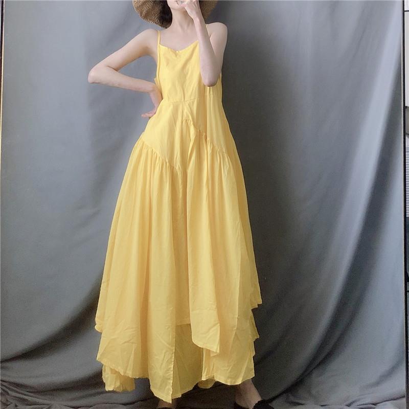 Lemon Yellow Extra-Long Irregular Flared Slip Dress, Artistic and Fresh Summer Style, Elegant and Flowing Long Dress
