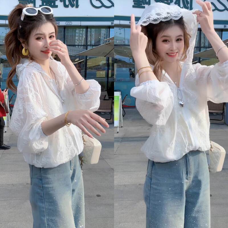 French Fashion Lace Crochet Hooded Shirt Jacket for Women in Spring and Summer, Loose and Slimming, Niche Thin Sun Protection Shirt