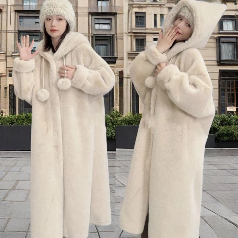 Autumn and Winter Hooded Thickened Long Mink Fur Coat for Women, Faux Fur Integrated Eco-Friendly Jacket