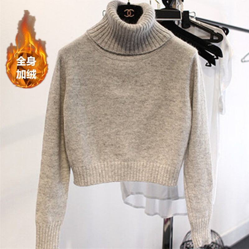 Autumn and Winter Korean Style High-Neck Fleece-Lined Thick Short Sweater for Women, Pullover, High-Waisted, Loose, Versatile, Long-Sleeved Base Shirt