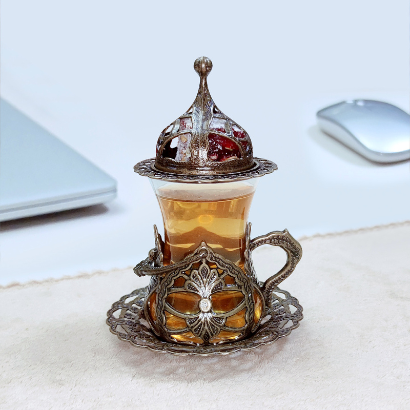 Turkish Imported Red Tea Cup, Red Copper Color, Gold and Silver Glass, Vintage European Palace Style, 120ml Niche Set