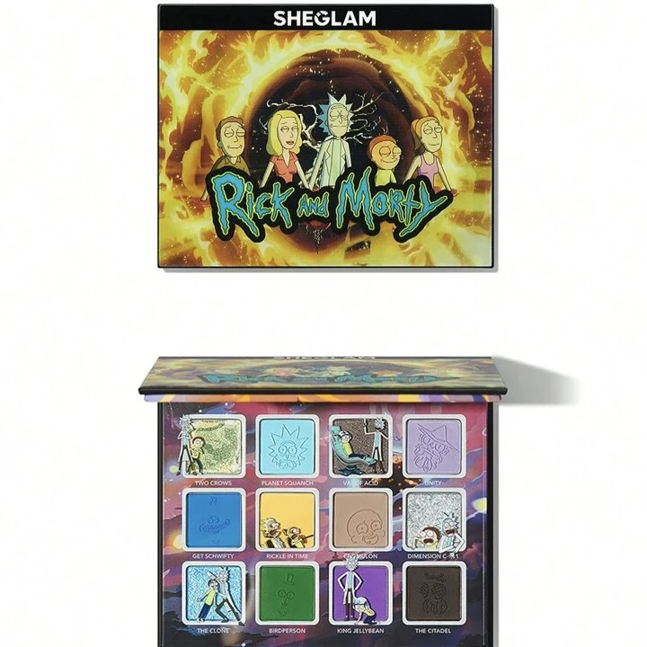 Палетка теней Sheglam Rick and Morty — лимитированная 12 цветов, компактный комплект с блеском и зеркалом