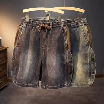 ໂສ້ງຂາສັ້ນ pi shuai retro denim ແບບ retro ຍີ່ຫໍ້ trendy ຂອງຜູ້ຊາຍວ່າງຊື່, ກາງເກງກາງເກງຂາສາມສ່ວນ, drawstring ບາດເຈັບແລະສາມມິຕິລະດັບ tailoring ກາງ pants