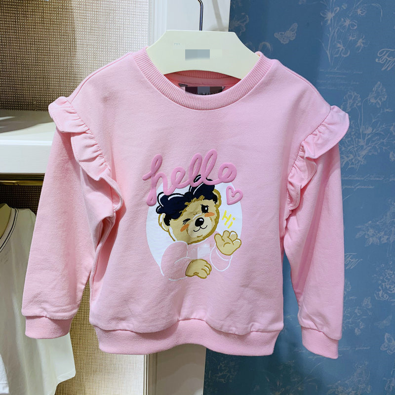 Spring Autumn New Girl Girl Baby Girl Cute Ha-time Bear Sleeve Hooded Pink Purple Butterfly Cuff Pure Cotton Wool thick T-shirt