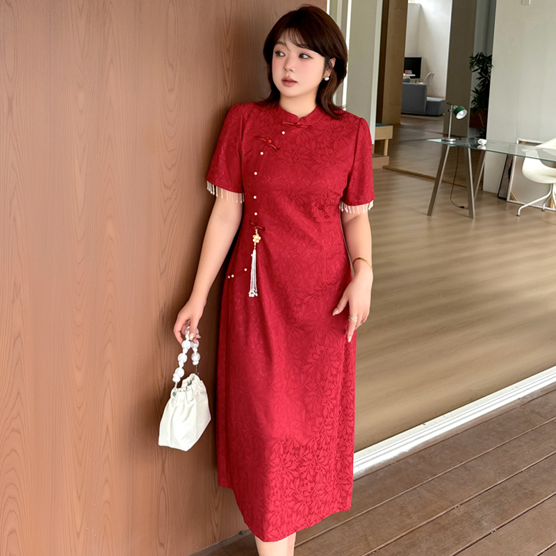 Plus Size Engagement Dress for Women, Short-Sleeved Bride's Tassel Cheongsam Dress, Red Summer Toast Dress for Chubby Girls