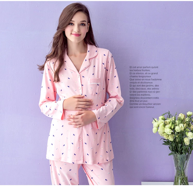 Fenteng đồ ngủ nữ mùa xuân và mùa thu mới ngọt ngào áo ve áo dài tay quần dài cotton lỏng phù hợp với dịch vụ nhà